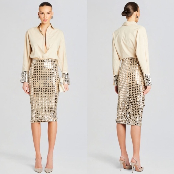 NWT RETROFETE Hand Stitched Crystal & Sequin Embellished Midi Pencil Skirt XS - Picture 1 of 9